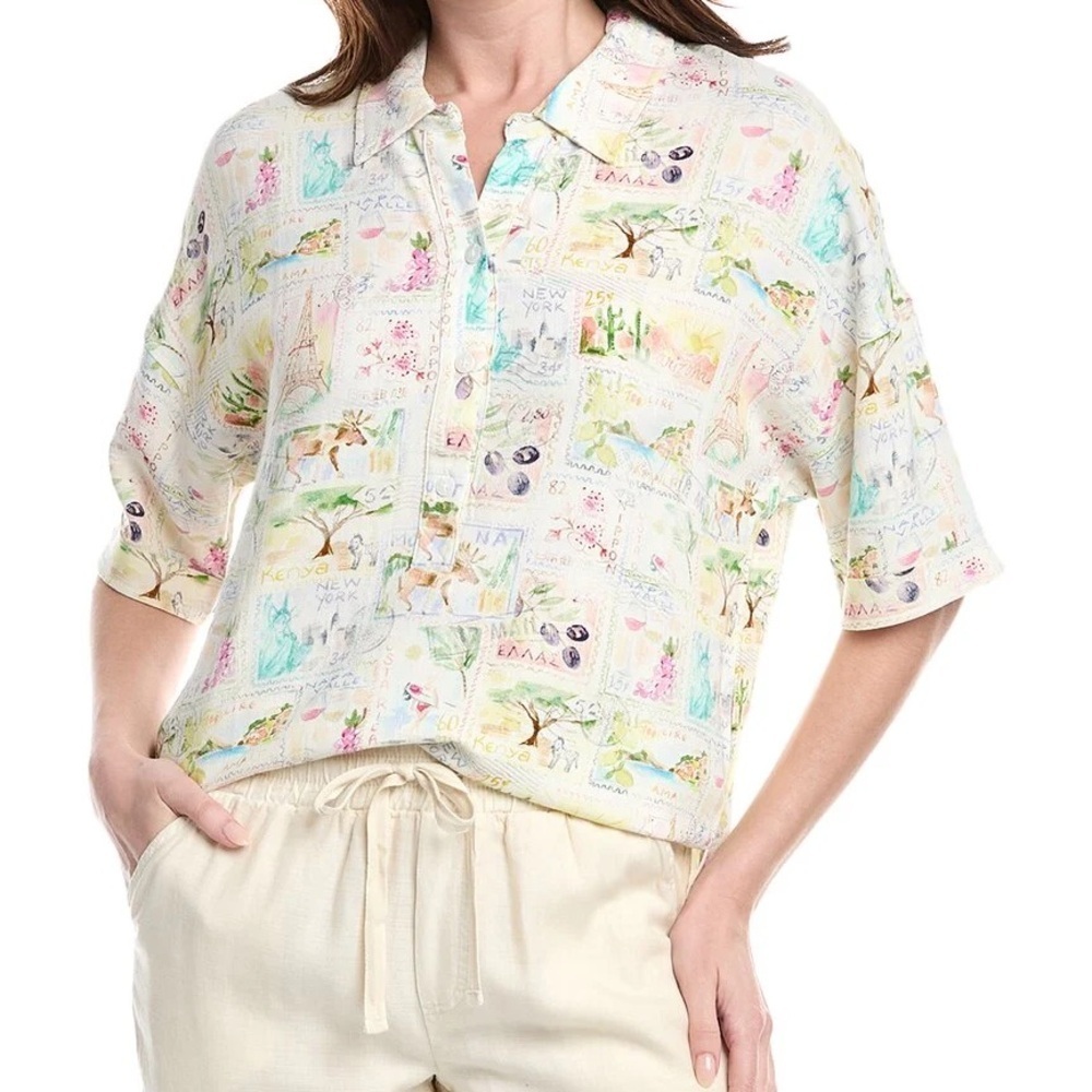 Splendid Collection Coastal Postcard Novelty Print Linen Blend Top size Small